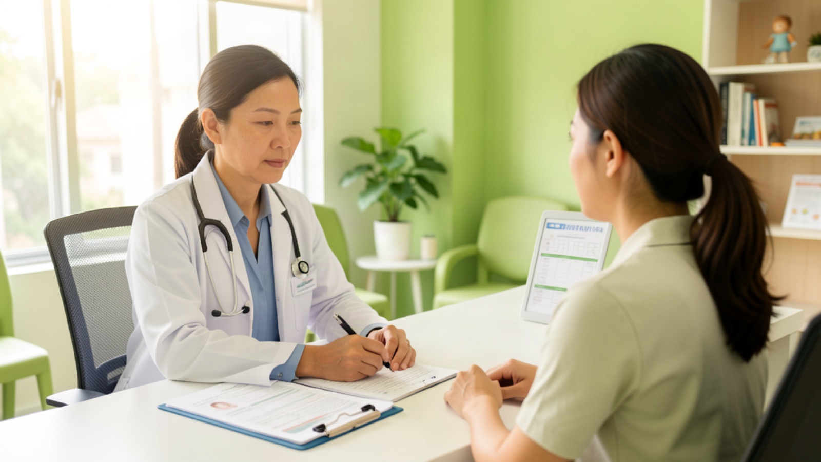 Singapore family doctor reviewing a health checklist with a patient at a clinic desk