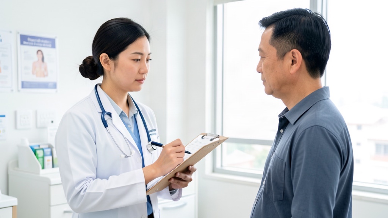 Doctor reviewing a checklist during a suitability assessment