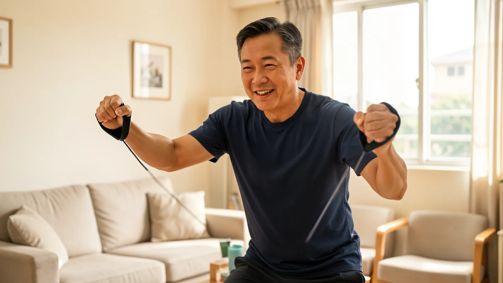 A man using a resistance band at home to maintain muscle while losing weight