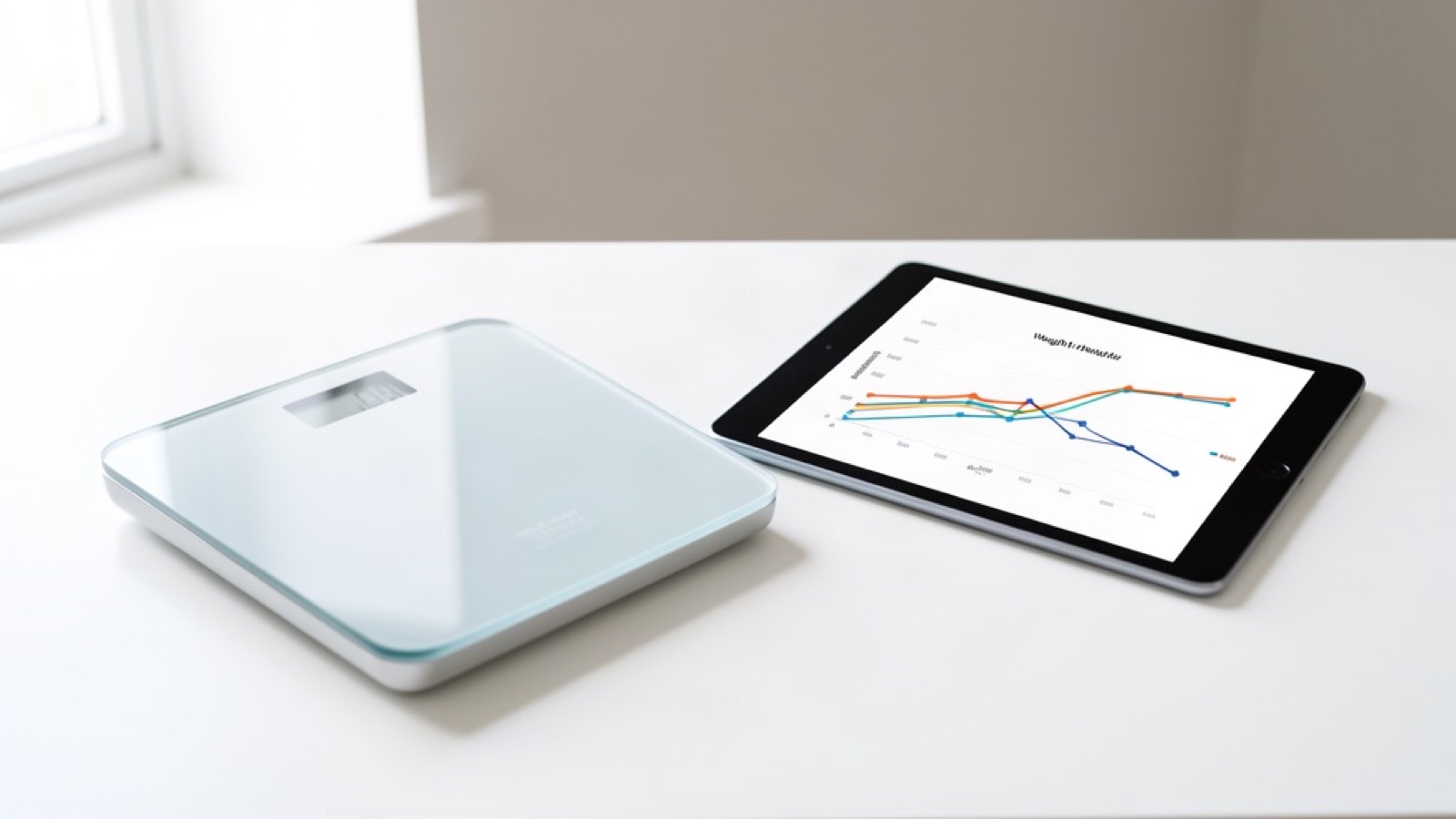 Scale and tablet showing a flat weight-loss curve