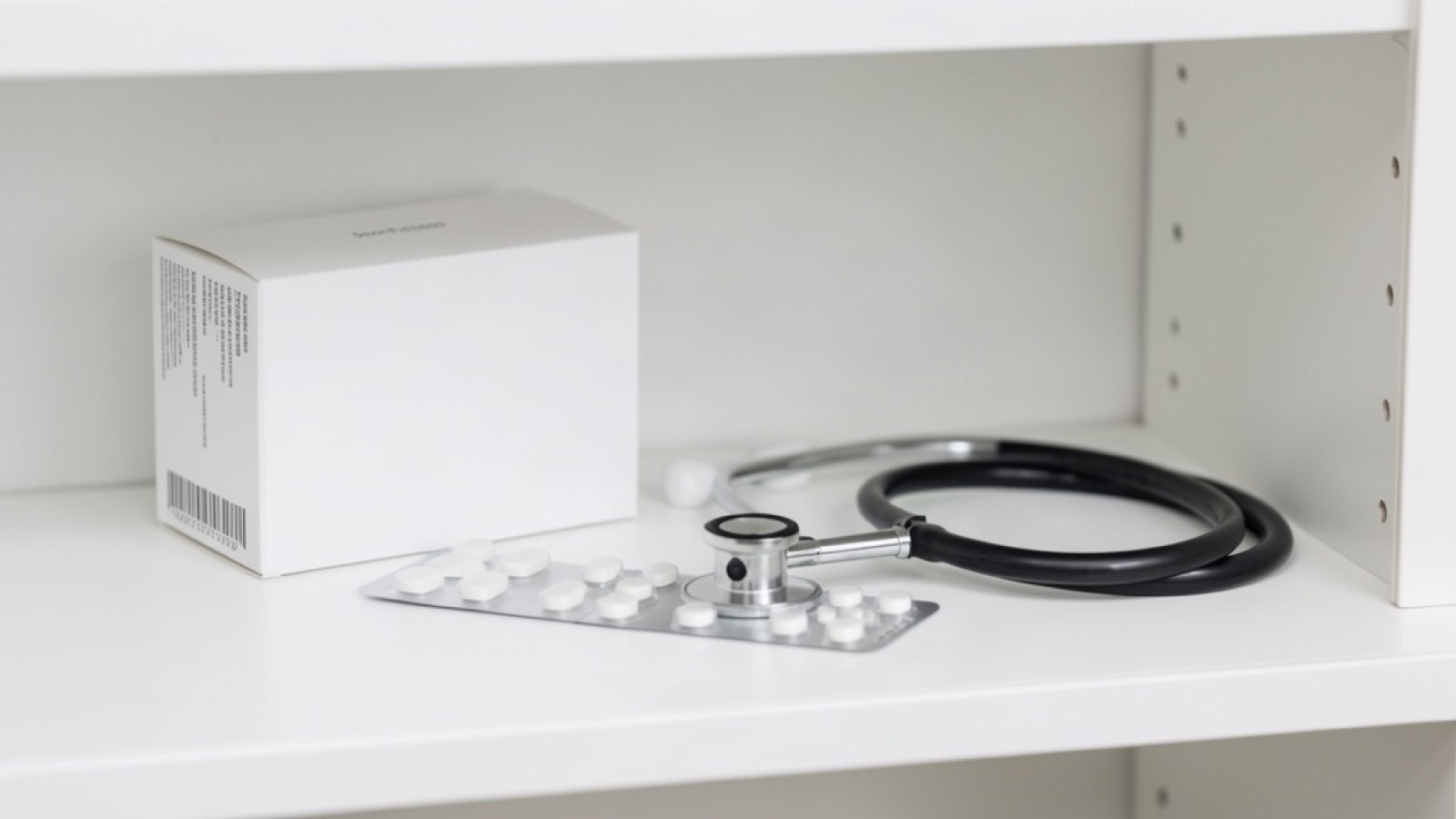 Unbranded medicine pack and tablets beside a stethoscope