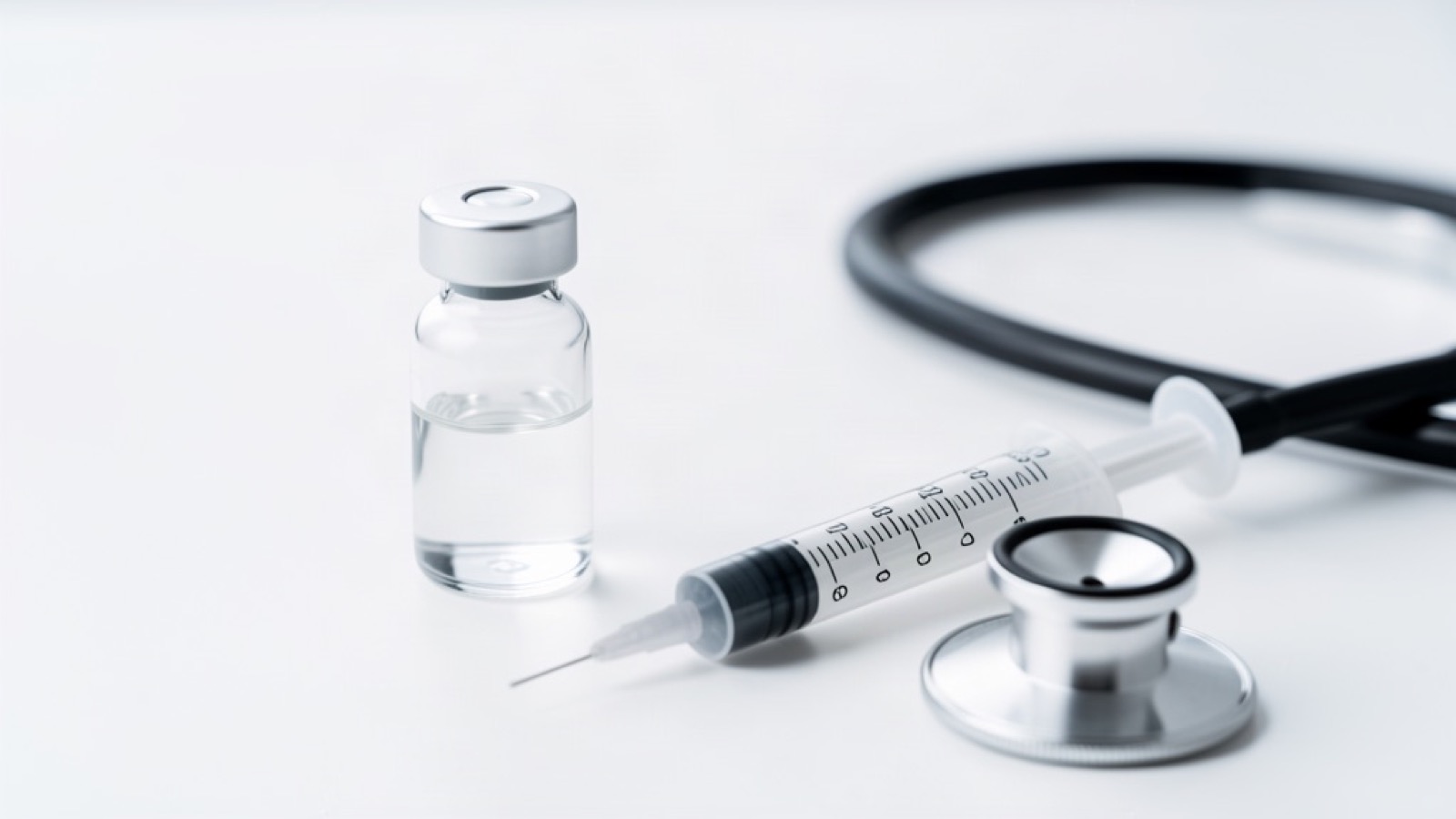 Vial and syringe beside a stethoscope representing pharmaceutical research