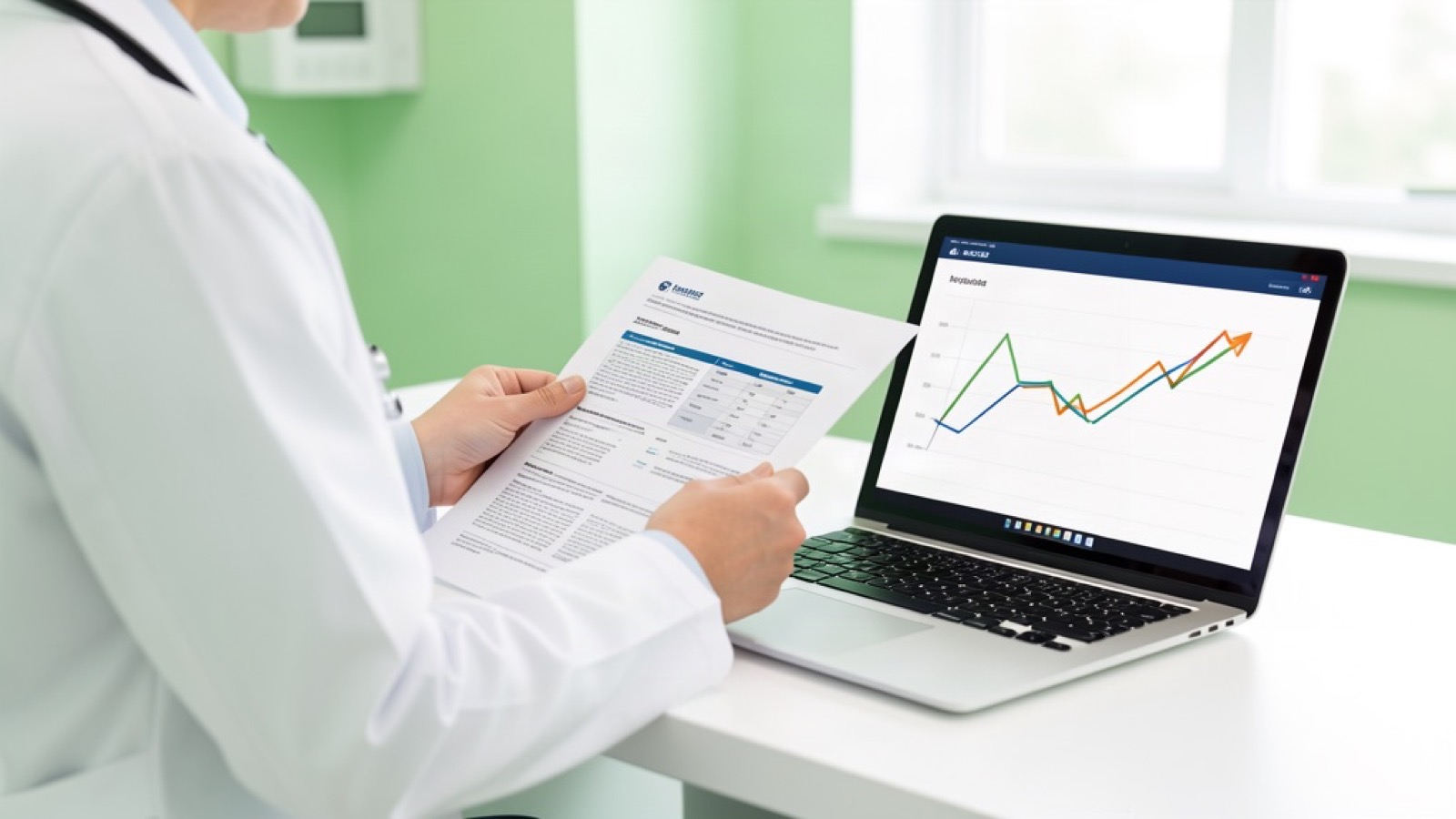 Doctor reviewing research charts and a weight-loss graph