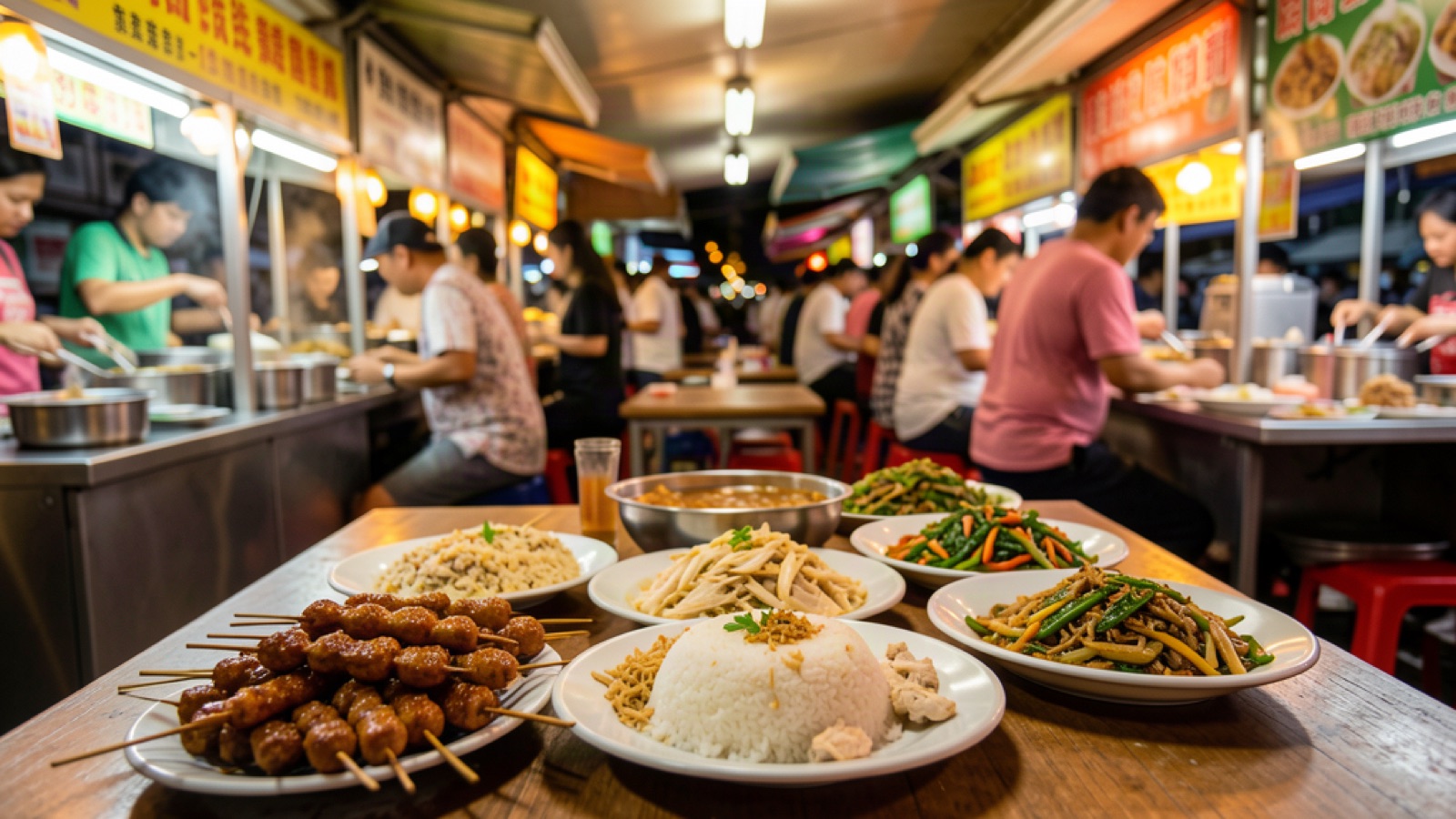 Singapore hawker centre food — satay, chicken rice and vegetables