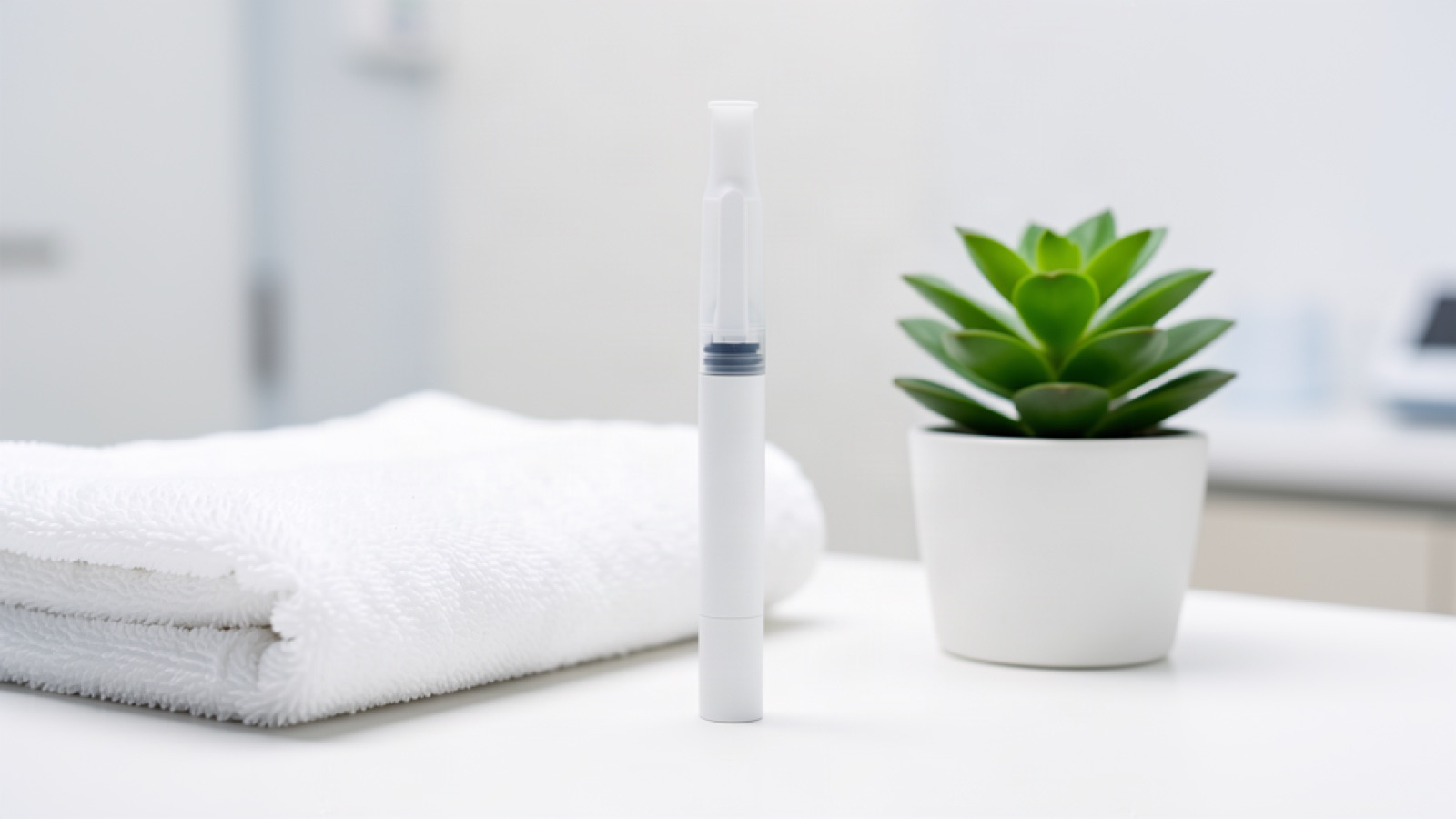 Pre-filled injection pen resting on a clean clinic counter