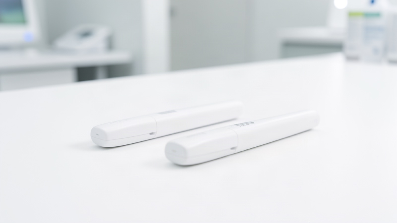 Two unbranded injection pens side by side on a clinic counter