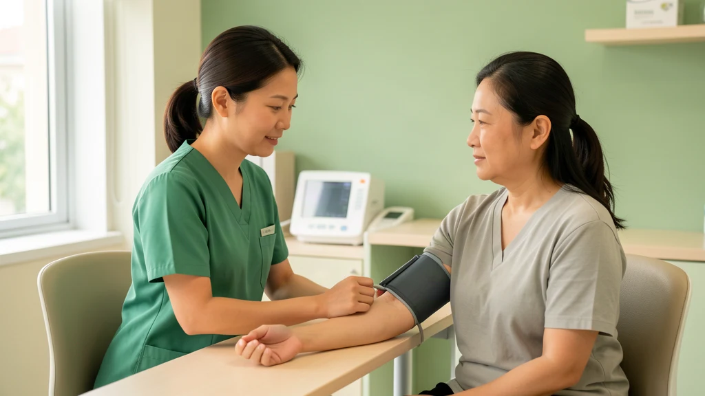 Nurse measuring a patient blood pressure during a health screening