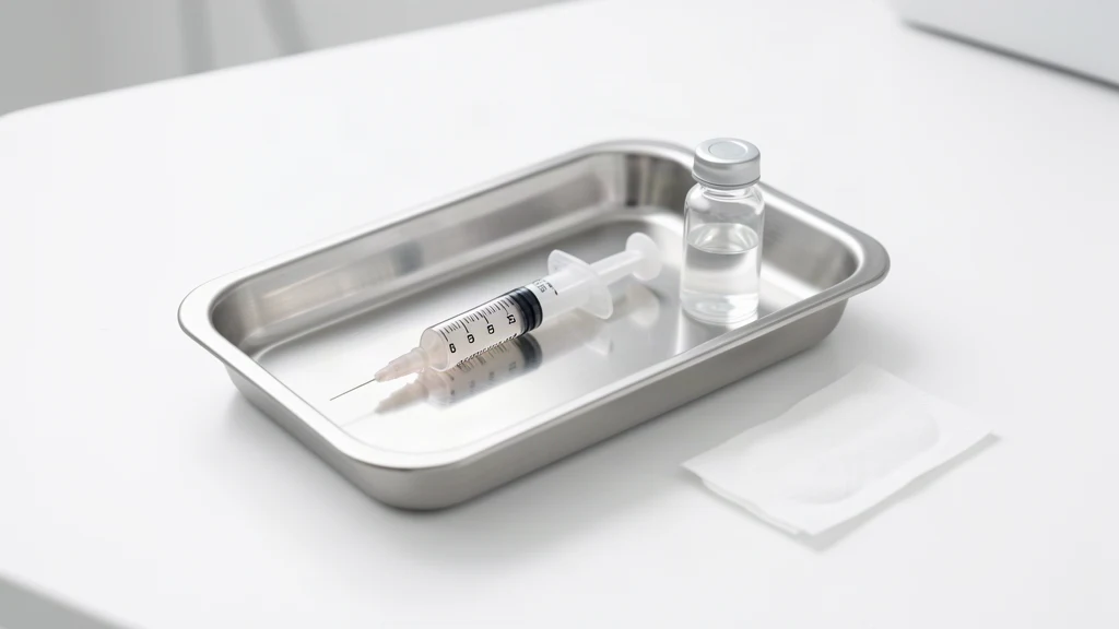 A syringe and an unlabelled vial on a stainless steel tray