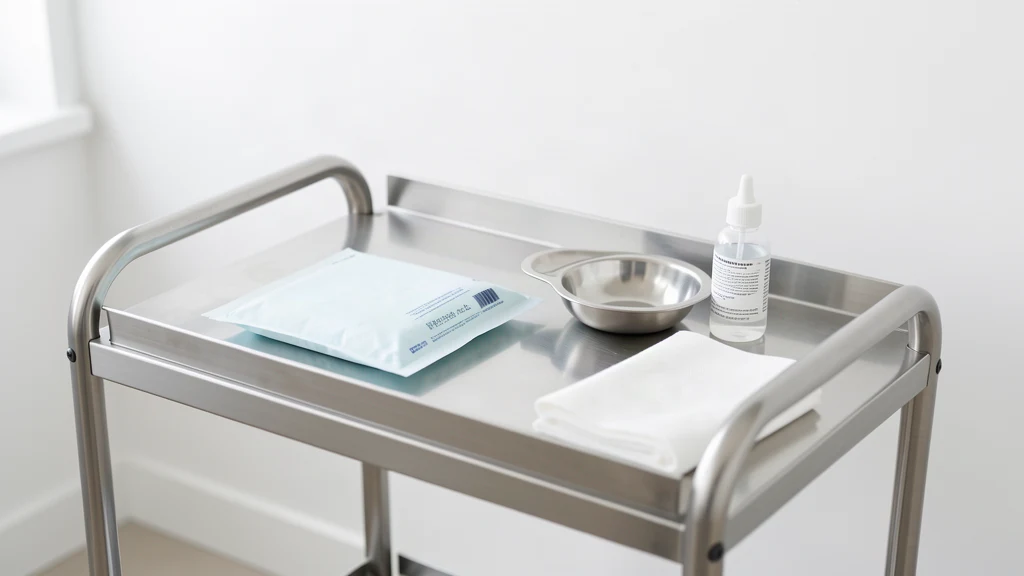 A stainless steel dressing trolley with a sterile pack, kidney dish and gauze
