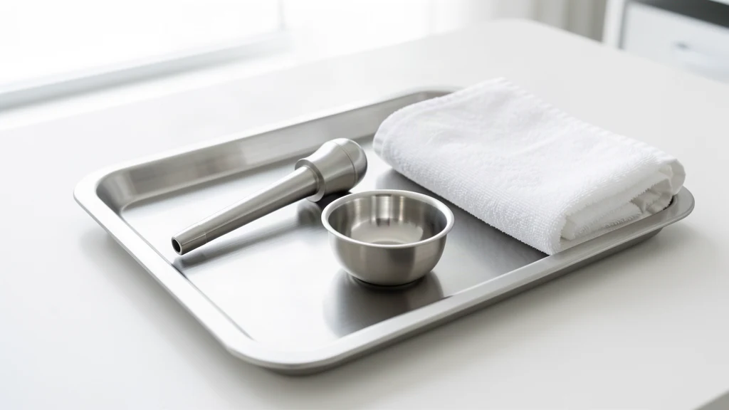 An ear irrigation syringe, a small metal bowl and a folded towel on a stainless steel tray