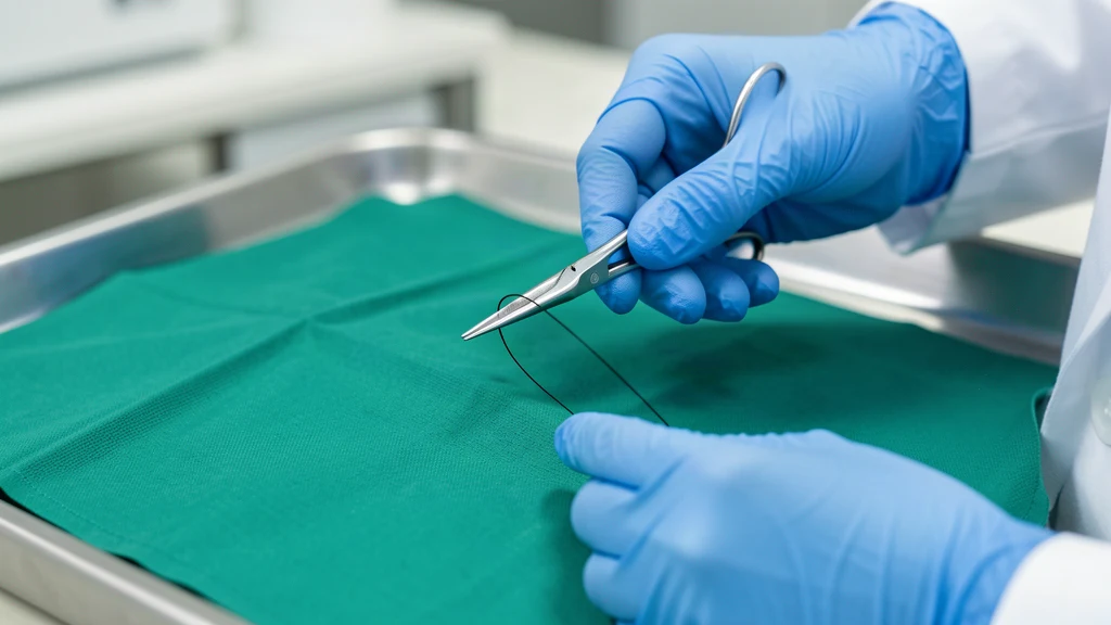 Gloved hands holding a needle holder with suture thread over a sterile drape