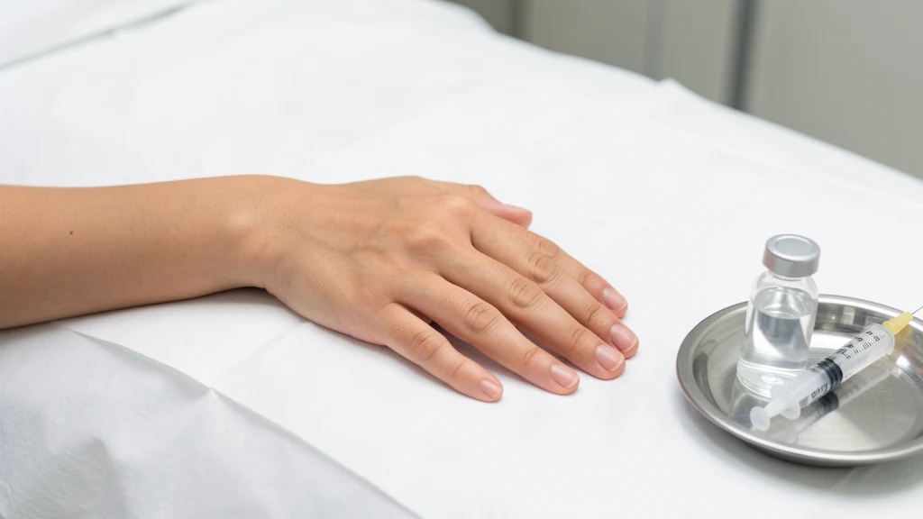 A hand resting on a clean drape with a small tray holding an unlabelled vial and a syringe