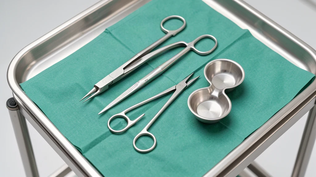 Sterile surgical instruments laid out on a drape on a stainless steel tray