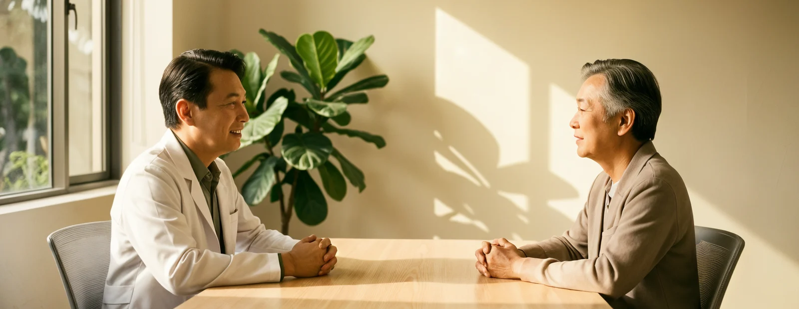 A doctor and a patient in conversation across a sunlit table at Accord Medical Clinic