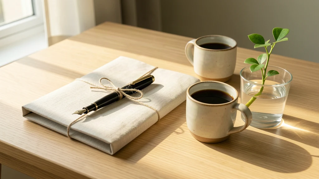 A linen folder, pen and cup of coffee on the clinic desk in morning light