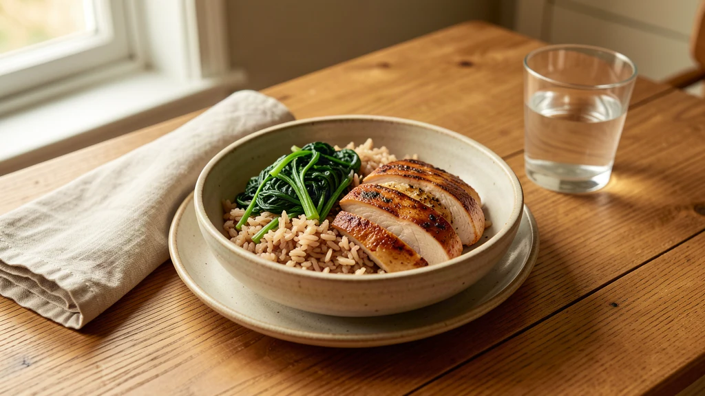A bowl of brown rice, steamed greens and grilled chicken on a wooden table