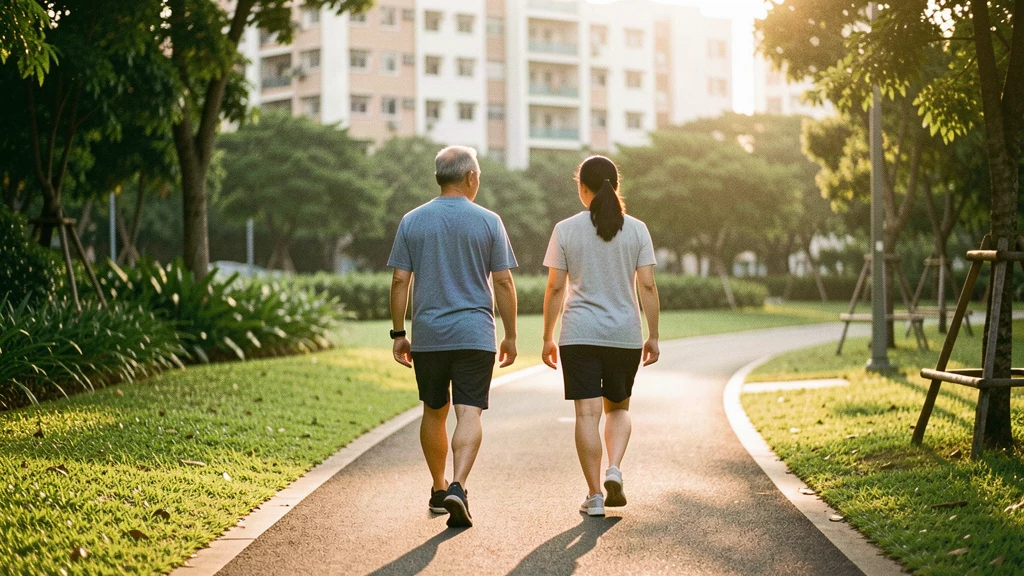 Two adults walking together on a park connector path in Singapore in the late afternoon